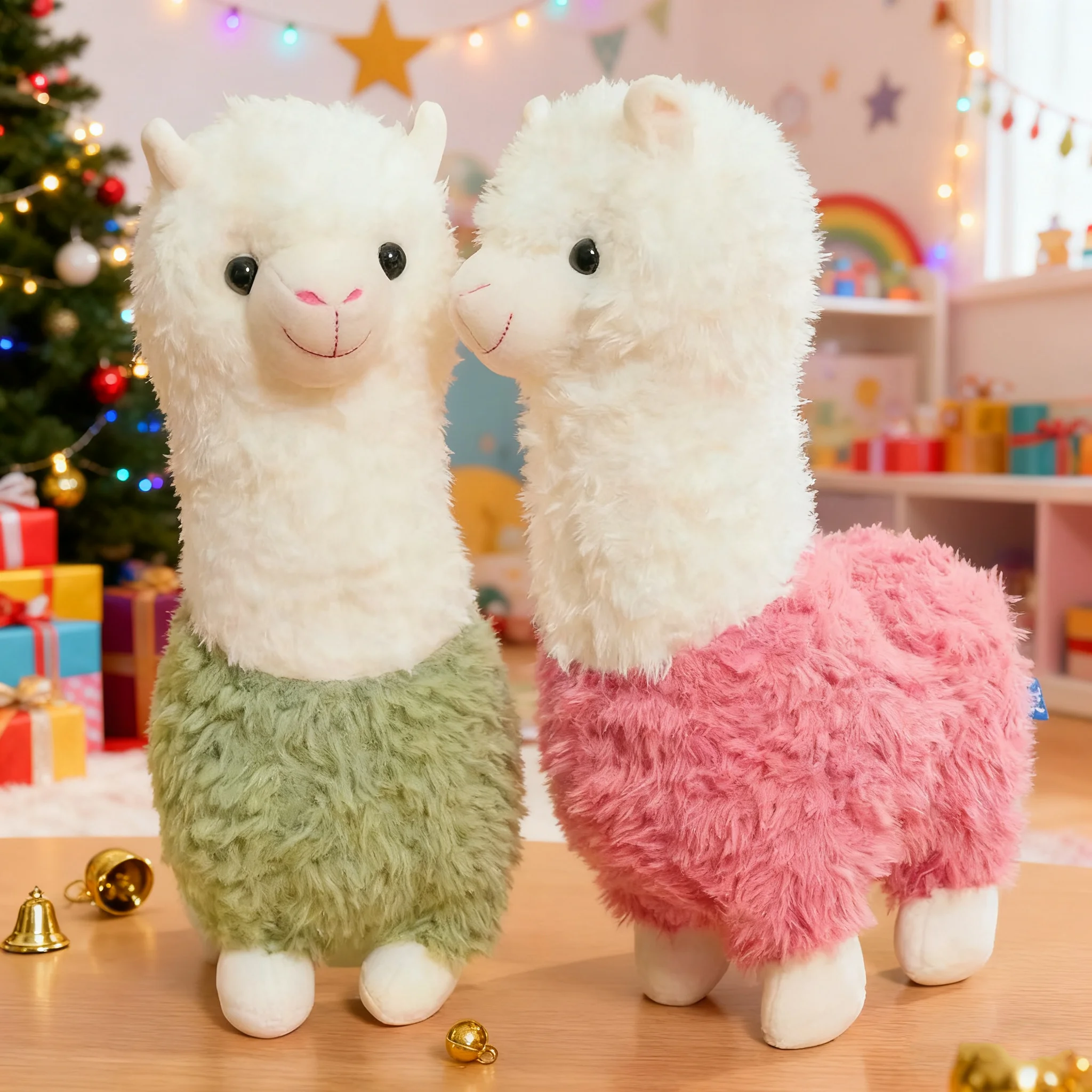 Får gosedjur, söt och fluffig, fluffigt alpaca alpaka lamadrag, 28 cm 21 Visa två alpackor med vita huvuden och olika gröna och rosa kroppar.