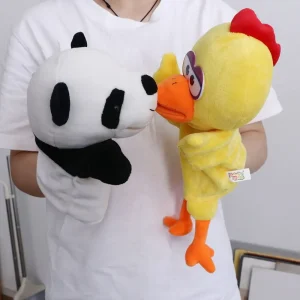 Panda och dinosaurie gosedjur som söta fingerdockor i anime- och kawaii-stil