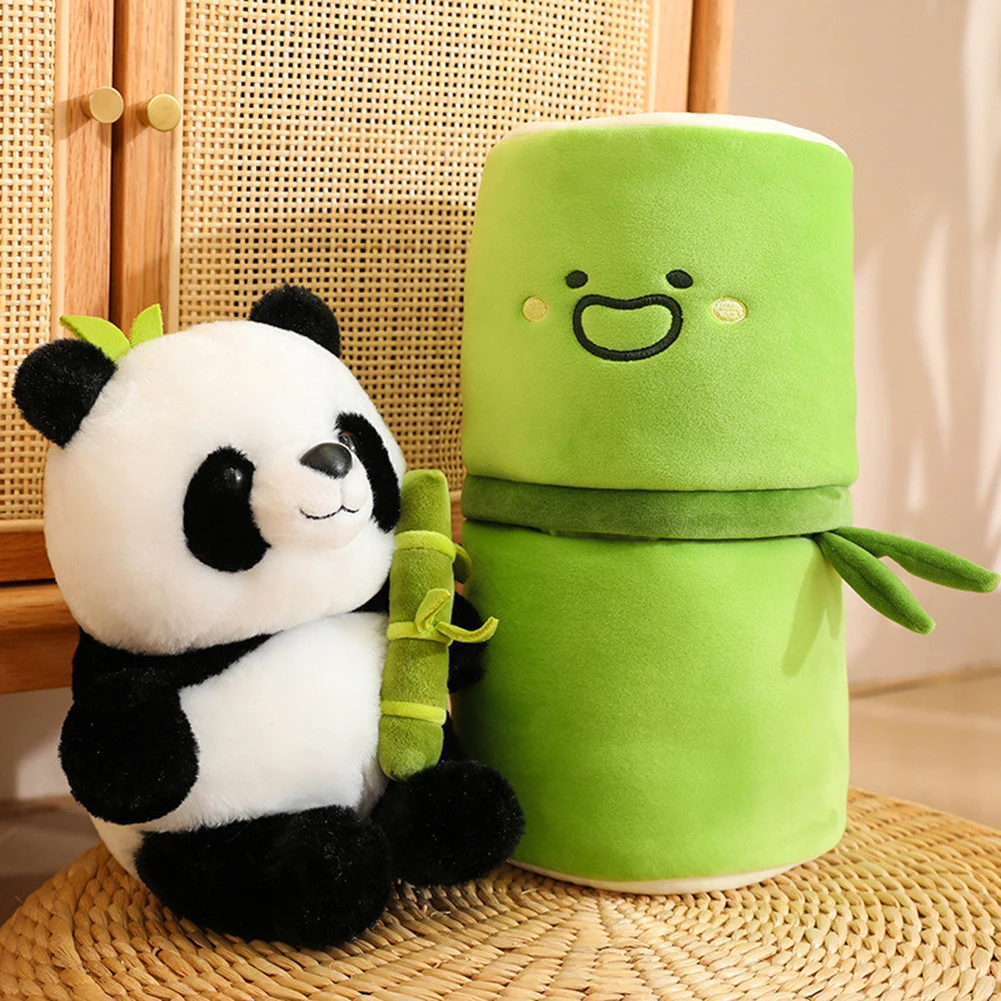 Kawaii björn gosedjur med vändbar bamburörsdesign i pandaform, Alla hjärtans dag 26 En panda med en grön cylindrisk bamburörsform.