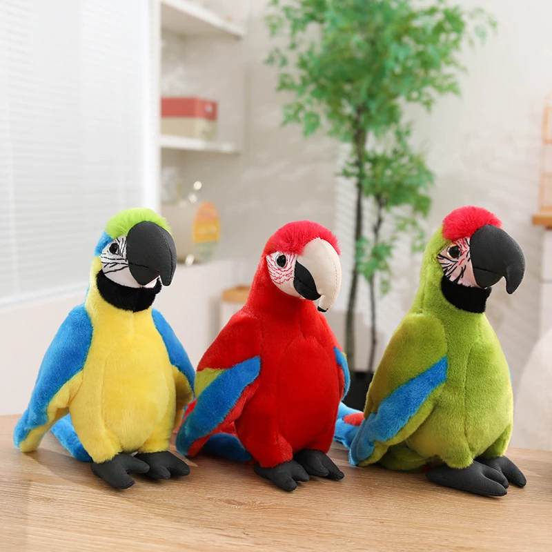 Djurfigurer gosedjur, Tropical bird design och mjuk 31 Tre färgglada arapapegojfigurer med olika färgkombinationer.