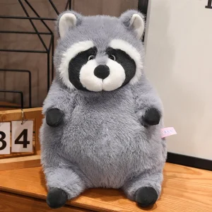 Grått tvättbjörn gosedjur med knubbig, rund kroppsform och supermjuk känsla, 20–45 cm