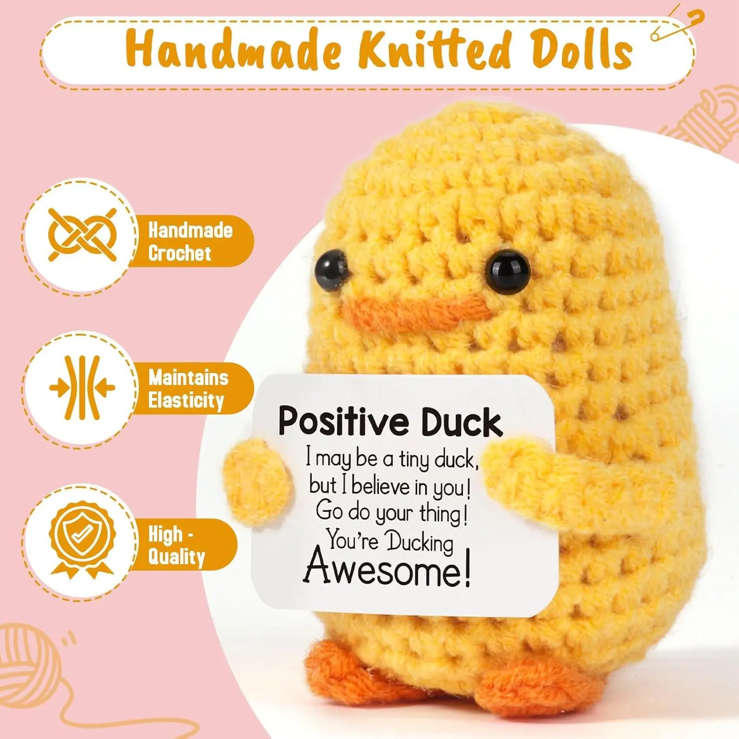 Kattgosedjur i miniformat, handvirkat med rolig potatis, anka- och sköldpaddsdesign 115 Visa den gula virkade ankan framifrån med orange näbb och fötter.