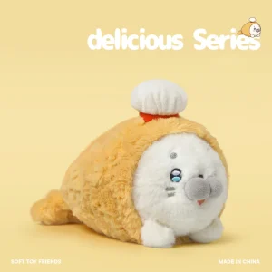 Vitt, sött säl gosedjur i kawaii-stil som förvandlas till laxsushi och tempuraräkor