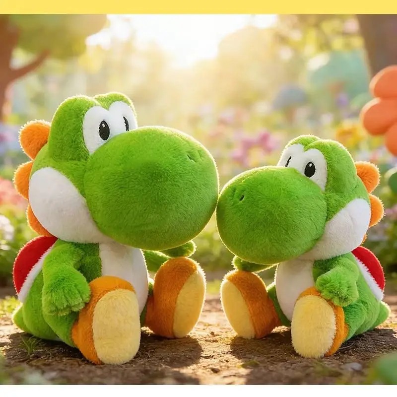 Yoshi från Super Mario Bros, söt drake som mjukt gosedjur, extra stor, 30–40 cm 20 Två gröna dinosaurieformade plyschfigurer sitter vända mot varandra.
