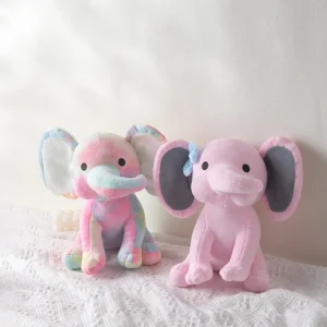 Mjukt, sött och fluffigt elefant gosedjur i rosa, blå, lila och regnbågsfärger, 25 cm
