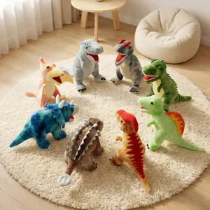Alternative view of Jurassic dinosaurie gosedjur med mjuka figurer av T-Rex, Velociraptor och Ankylosaurus