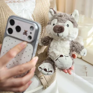 Wolf gosedjur i grått med gullig tecknad design, fluffig och mjuk känsla, 24 cm
