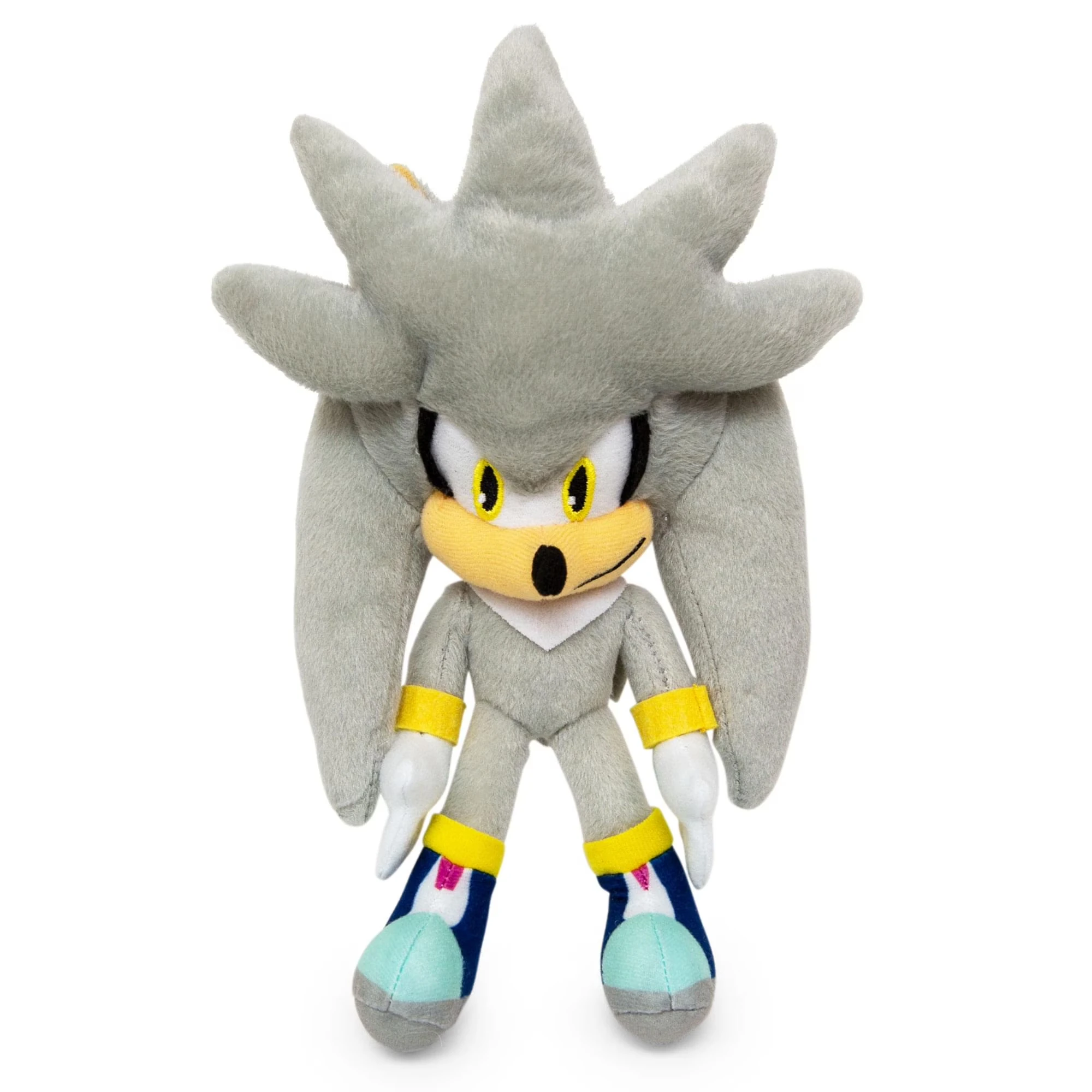 Igelkottar som Sonic the Hedgehog gosedjur, med Shadow, Amy och animeinspirerad stil 64 Grå igelkottsfigur i plysch med gula detaljer och turkosa skor, visad framifrån.