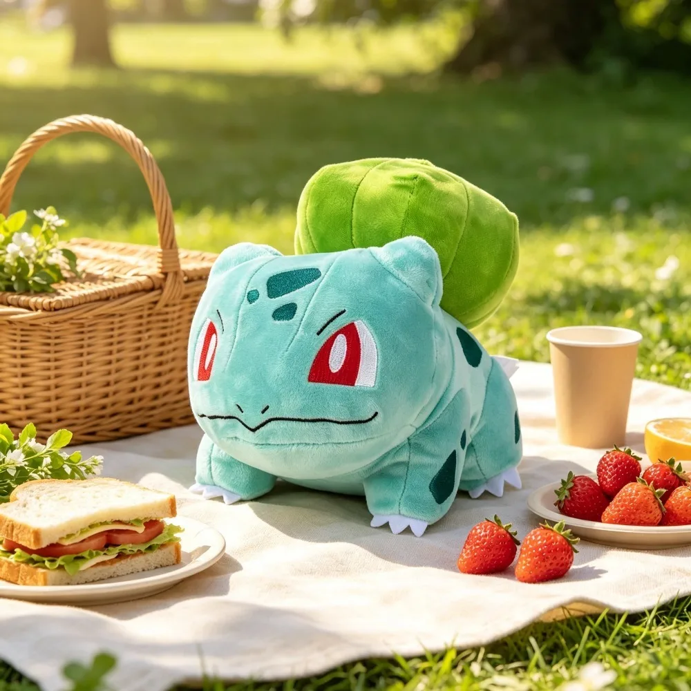Bulbasaur gosedjur från Pokémon, 20 cm i japansk animeform som jul- och födelsedagspresent 21 Bulbasaur-gosedjur på en picknickfilt utomhus.