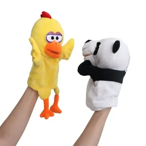 Panda och dinosaurie gosedjur som söta fingerdockor i anime- och kawaii-stil