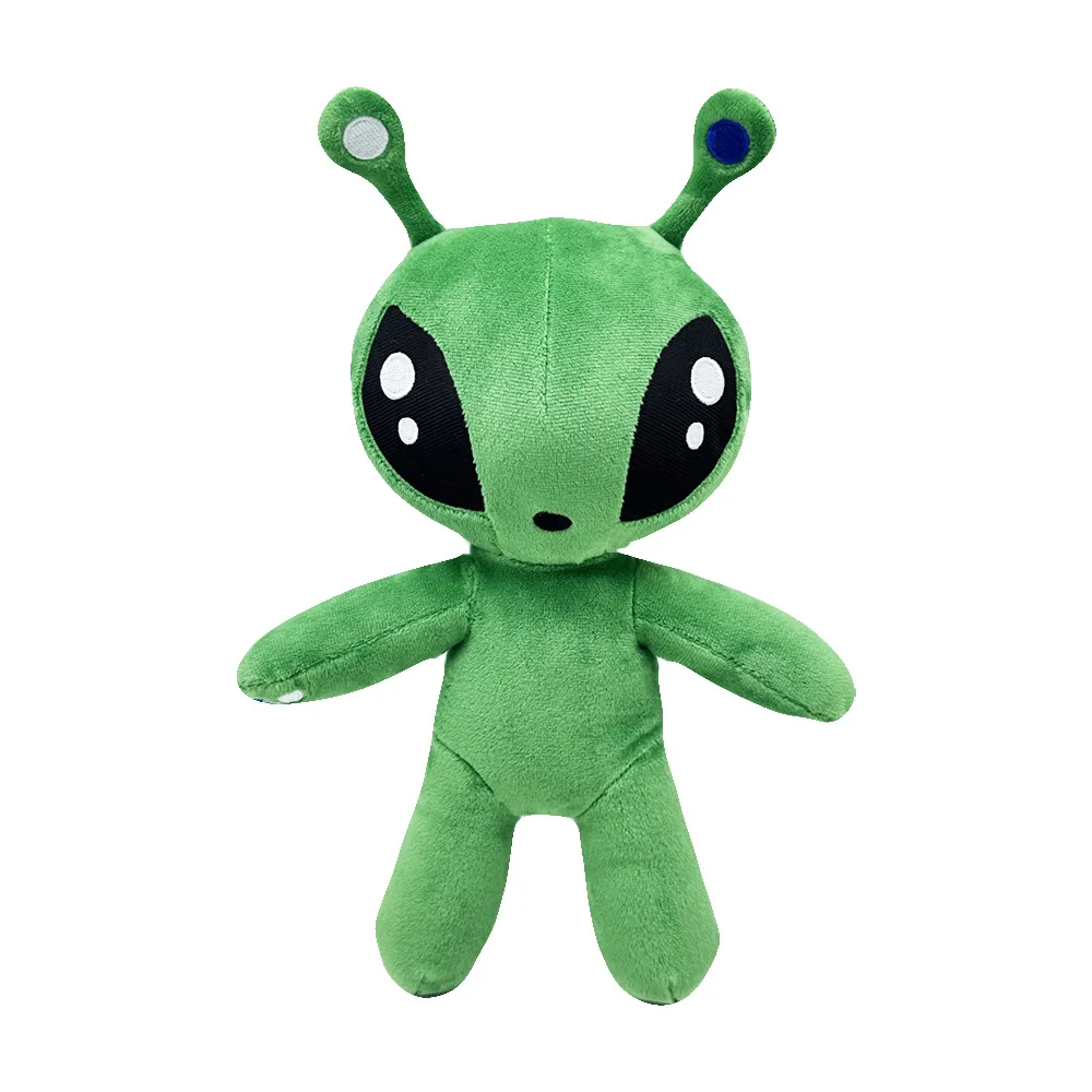 Flera figurvarianter av grönt gosedjur, plyschkudde med tentakler och horn, 30 cm 18 Grönt alien- och monstergosedjur med stort huvud, antenner, mörka ögonpartier och utsträckta armar.