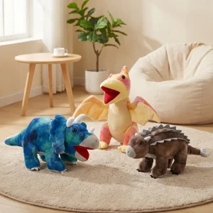 Jurassic dinosaurie gosedjur med mjuka figurer av T-Rex, Velociraptor och Ankylosaurus