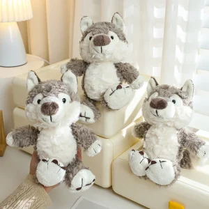 Wolf gosedjur i grått med gullig tecknad design, fluffig och mjuk känsla, 24 cm