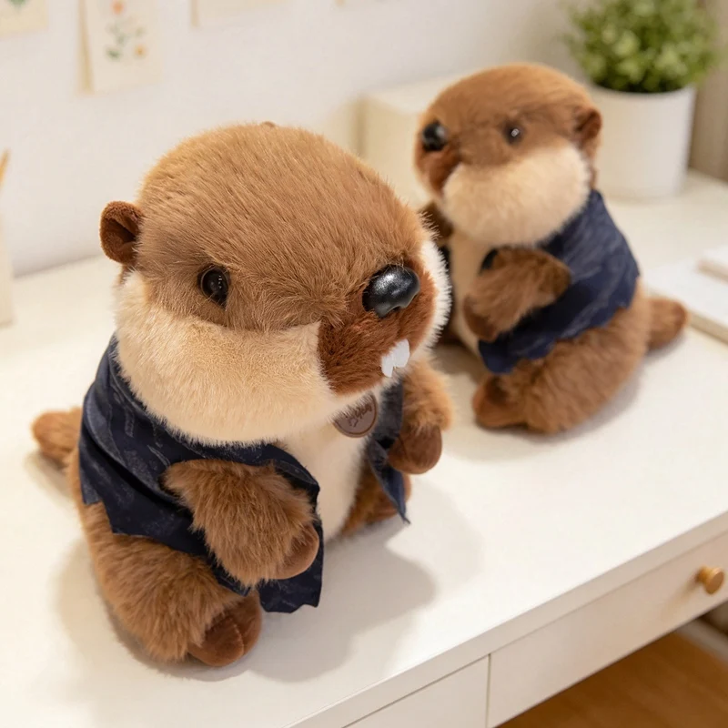 Sött marmot gosedjur med väst, naturtroget och fluffigt kramdjur med knubbig form 23–28 cm 20 Brunt djurformat plyschgosedjur med mörk väst.