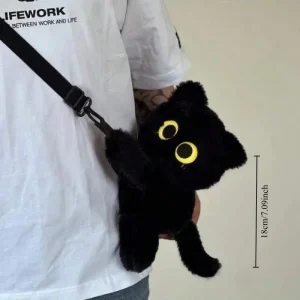 Alternative view of Svart kattunge-ryggsäck med stora ögon i kawaii-stil, rymlig crossbodyväska