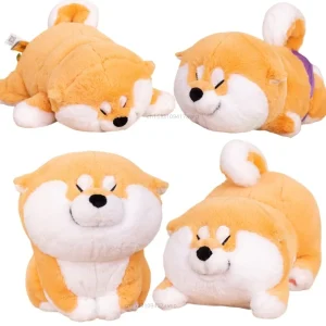 Sött Shiba Inu hund gosedjur som liggande kramkudde i tecknad stil, present till pojke