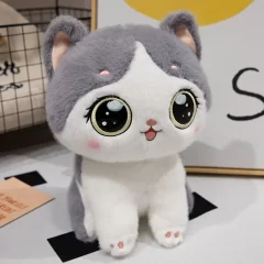 Katt gosedjur som gråvit kattkudde i kawaiistil, med stora tecknade ögon, 25 cm