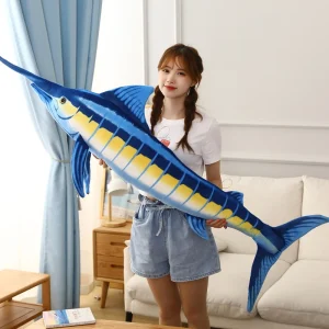 Naturtroget marlin gosedjur som blå plyschkudde med realistisk fiskdesign, 60–140 cm
