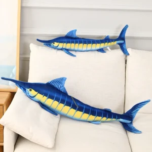 Naturtroget marlin gosedjur som blå plyschkudde med realistisk fiskdesign, 60–140 cm