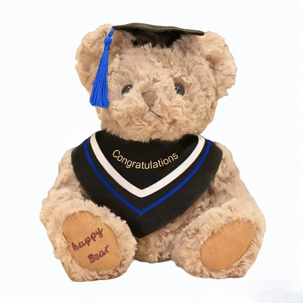 Björn gosedjur, Sitting design och Graduation-themed, 20 cm 27 Sittande beige examensnalle med svart dräkt och blå tofs.