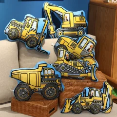 Tecknad kramkudde och sittdyna med bulldozer, grävmaskin och lastbil, present för barn