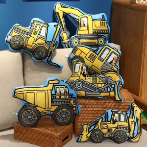 Tecknad kramkudde och sittdyna med bulldozer, grävmaskin och lastbil, present för barn