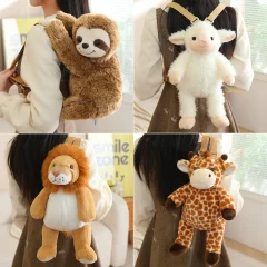 Söt mjuk kawaii-ryggsäck för skolan med sengångare, lejon, får, lemur, giraff, kanin, hjort eller elefant
