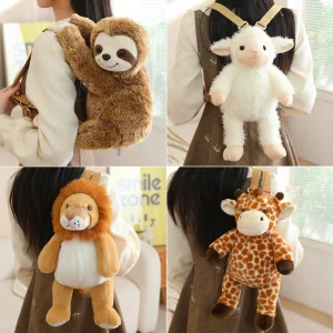 Söt mjuk kawaii-ryggsäck för skolan med sengångare, lejon, får, lemur, giraff, kanin, hjort eller elefant