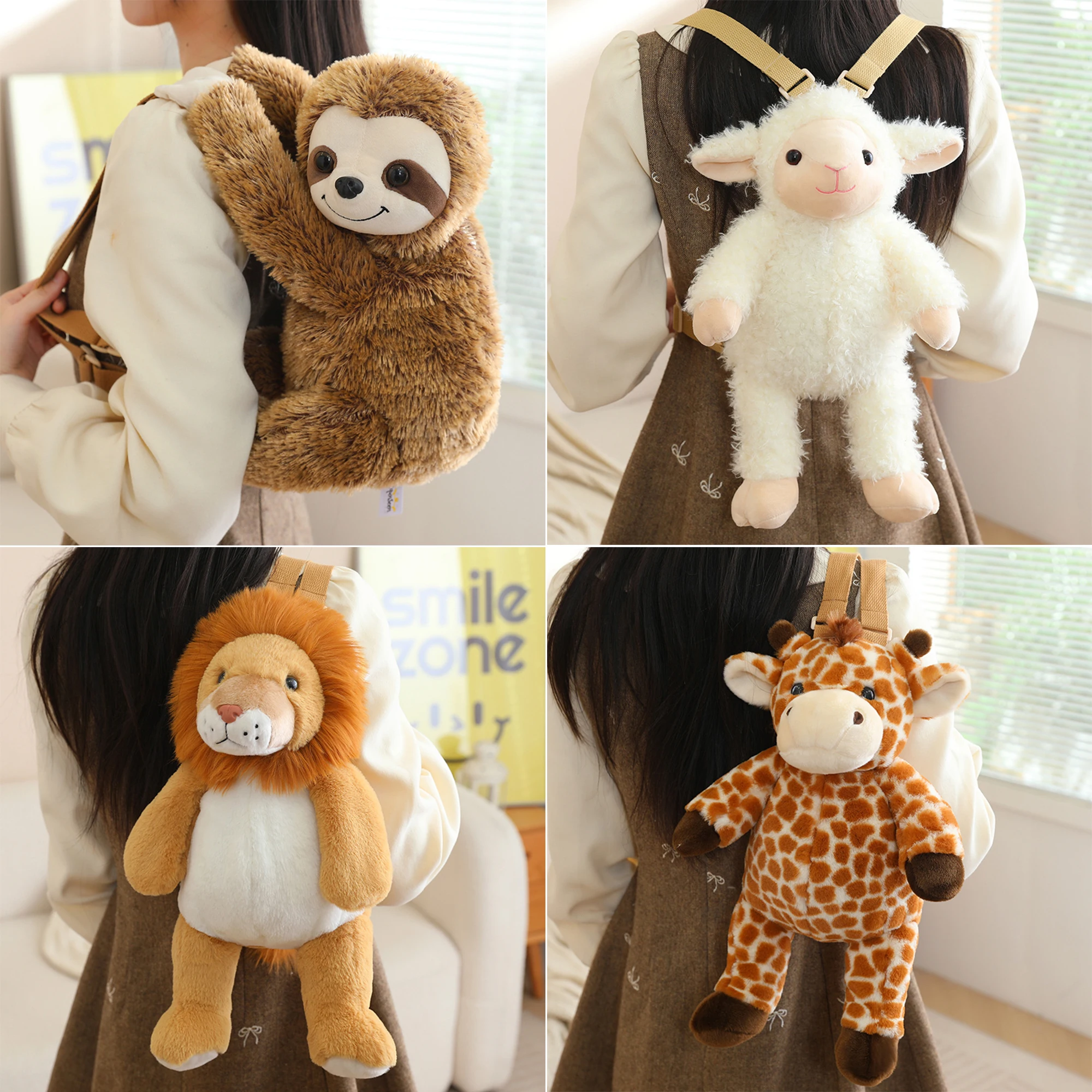 Söt mjuk kawaii-ryggsäck för skolan med sengångare, lejon, får, lemur, giraff, kanin, hjort eller elefant 32 Flera olika djurformade mjuka ryggsäckar i en livsstilssituation.