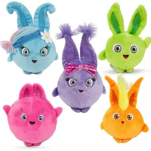 Fem söta regnbågsfärgade kanin gosedjur från Sunny Bunnies, presenter för barn