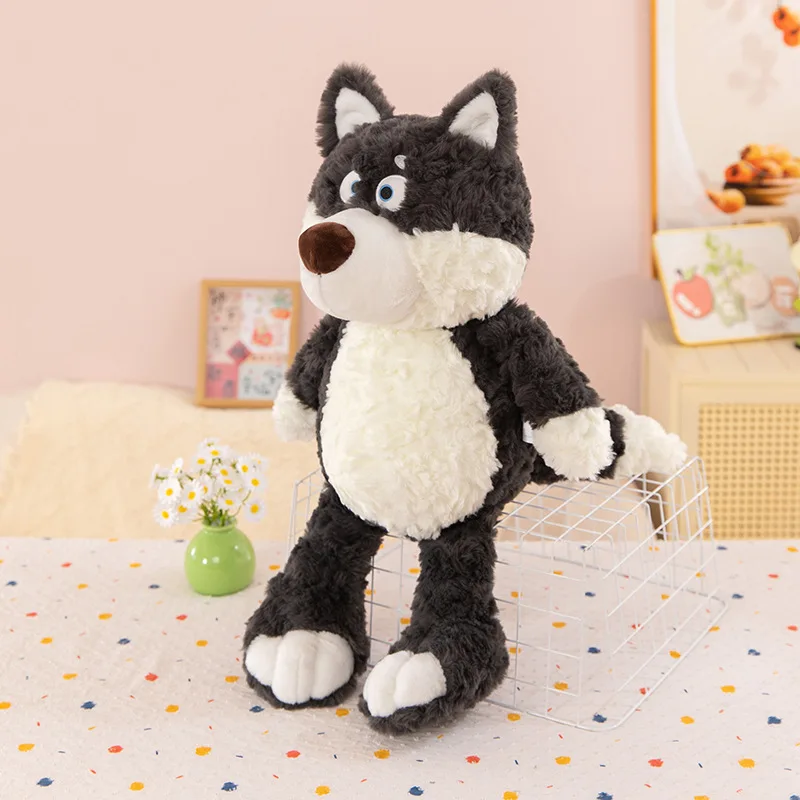 Grått wolf gosedjur i kawaii-stil, extra mjukt och kramvänligt, stort, 40–55 cm 19 Mörkgrå och vit vargplysch sitter upprätt med blå ögon, vit nosparti och brun nos.