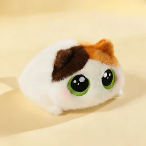 Katt gosedjur med stora ögon och rund, fluffig kawaii-form i tre olika stilar