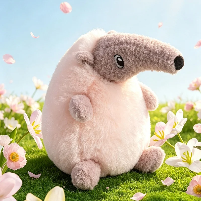 Anteater gosedjur, fluffig och söt, myrslok design extra mjuk 27 Ljusrosa och cremefärgat myrsloks-gosedjur visas sittande i en blomsteräng.