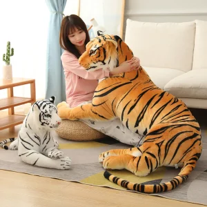 Naturtro tiger gosedjur i vitt och brunt med randig vilddjursdesign, 30–50 cm