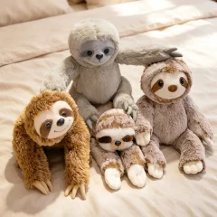 Fluffiga gosedjur i flera figurvarianter med leende och sittande eller liggande pose