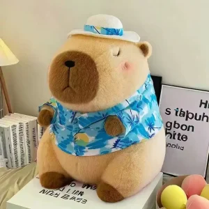 Anka gosedjur som kapybara med gul badring, söt kawaii-stil för strand och resa