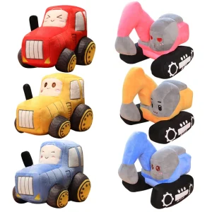 Verklighetstrogna kawaii-gosedjur som traktor och grävmaskin, fordonskuddar för barn