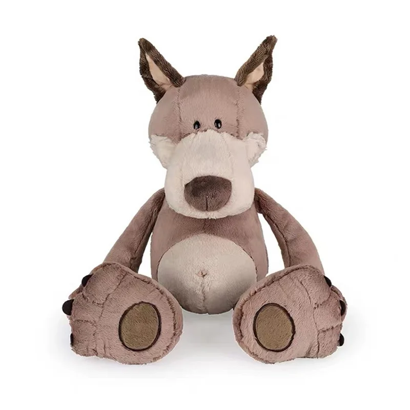Wolf gosedjur i stor och busig stil, med skojigt uttryck för stresslindring och vila 23 Vargplysch sedd framifrån med stora tassar och ljus nos.