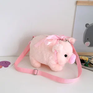 Rymlig axel- och crossbodyväska med ett grislet gosedjur, söt koreansk tecknad design