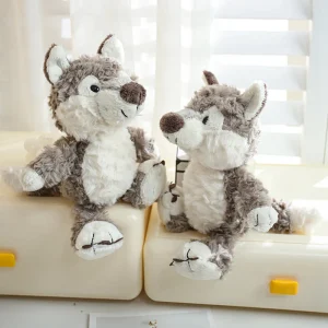Wolf gosedjur i grått med gullig tecknad design, fluffig och mjuk känsla, 24 cm