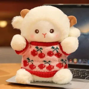 Kanin och får gosedjur som mjuk plyschkudde i söt kawaii-stil med sovande uttryck