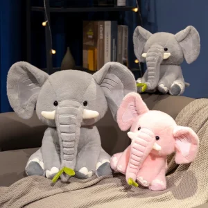 Sittande elefant gosedjur med lång snabel i tecknad stil, rosa eller grått, 25–40 cm