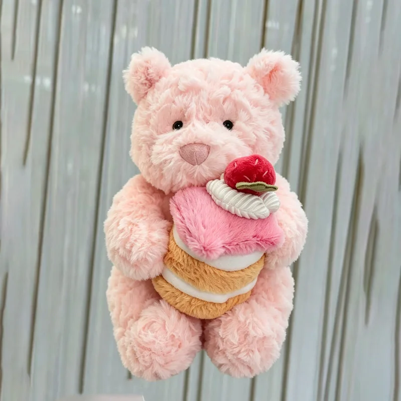 25 cm rosa kawaii björn gosedjur med kakmotiv, kramleksak och födelsedagspresent 18 Söt rosa björn med en dessert i famnen.