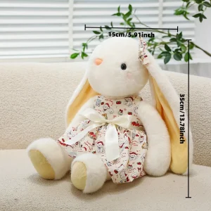 Sött kanin gosedjur med hängande öron och tryckt kawaiiklänning, kramkudde för barn