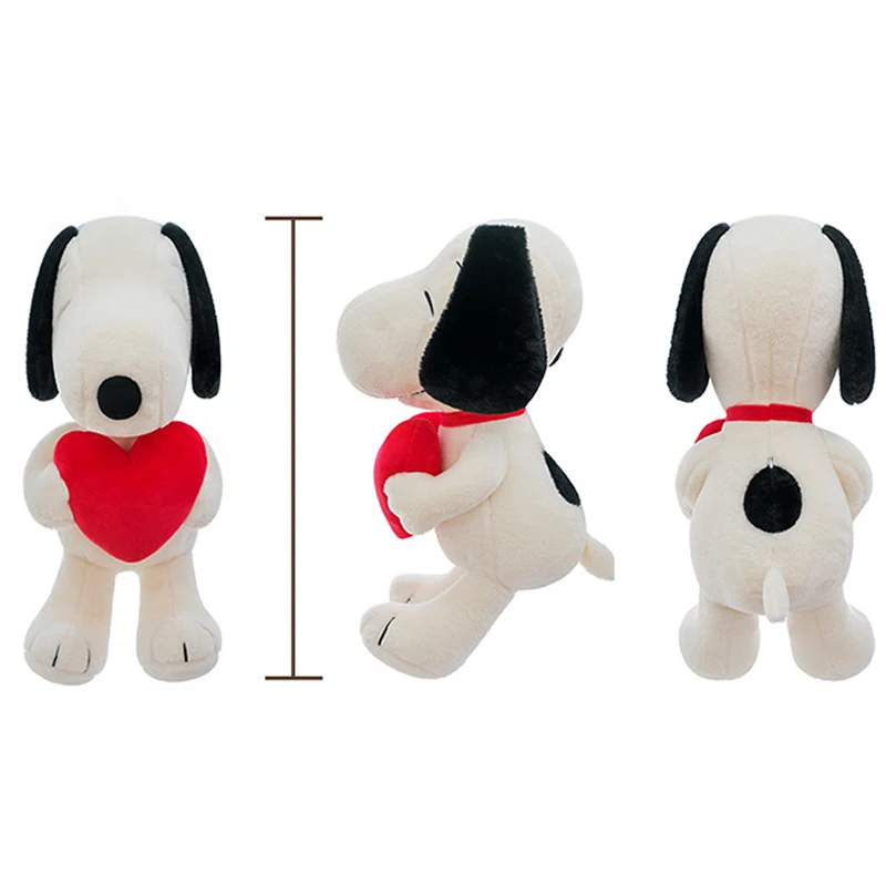 Snoopy som hundgosedjur, stor hjärtformad hundkudde i tecknad stil, 45–100 cm 24 Mjukishunden visas framifrån, från sidan och bakifrån.