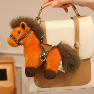Söt fluffig ponny som nyckelring och väskdekoration med rem, kawaii westernstil