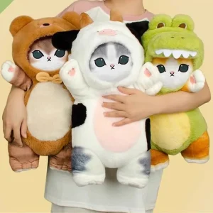 Alternative view of Mofusand katt gosedjur med kawaii cosplaydräkter som dinosaurie och ko, 30–50 cm