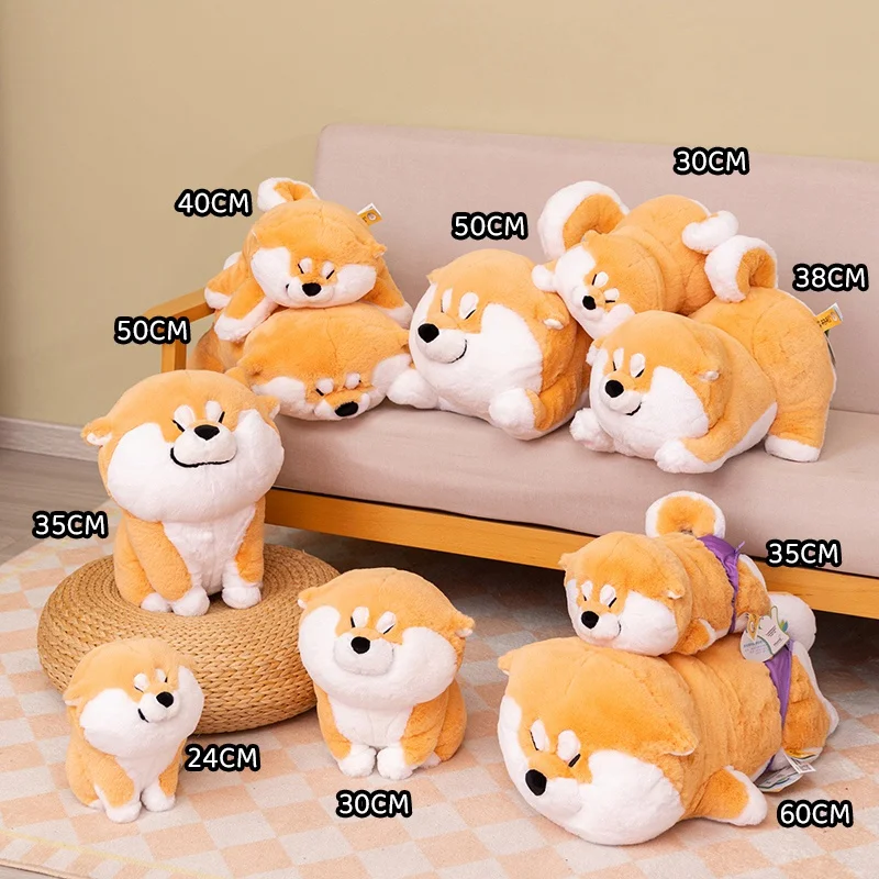 Sött Shiba Inu hund gosedjur som liggande kramkudde i tecknad stil, present till pojke 28 Flera Shiba Inu-plyschfigurer i olika storlekar tillsammans.
