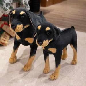 Rottweiler-hund gosedjur med realistiskt 3D-utseende, svart färg och stående pose