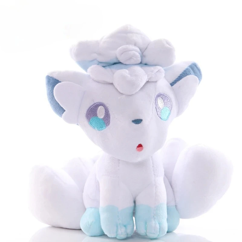 Vulpix räv gosedjur från Pokémon, sittande plyschkudde med sex svansar i anime-stil 39 Visa den ljusa rävfiguren framifrån med blå detaljer.